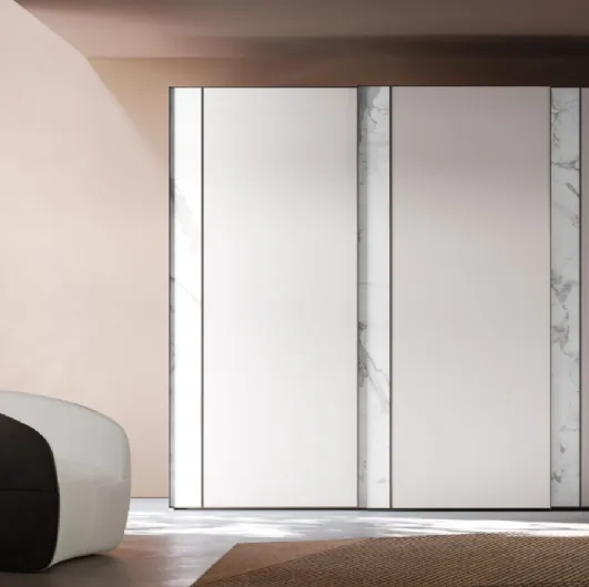 Night 32 sliding door wardrobe in Seta melamine finish with vertical band in Apuano marble melamine by Orme.