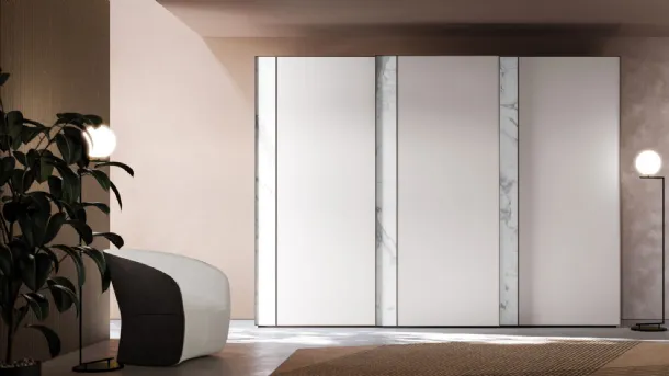 Night 32 sliding door wardrobe in Seta melamine finish with vertical band in Apuano marble melamine by Orme.