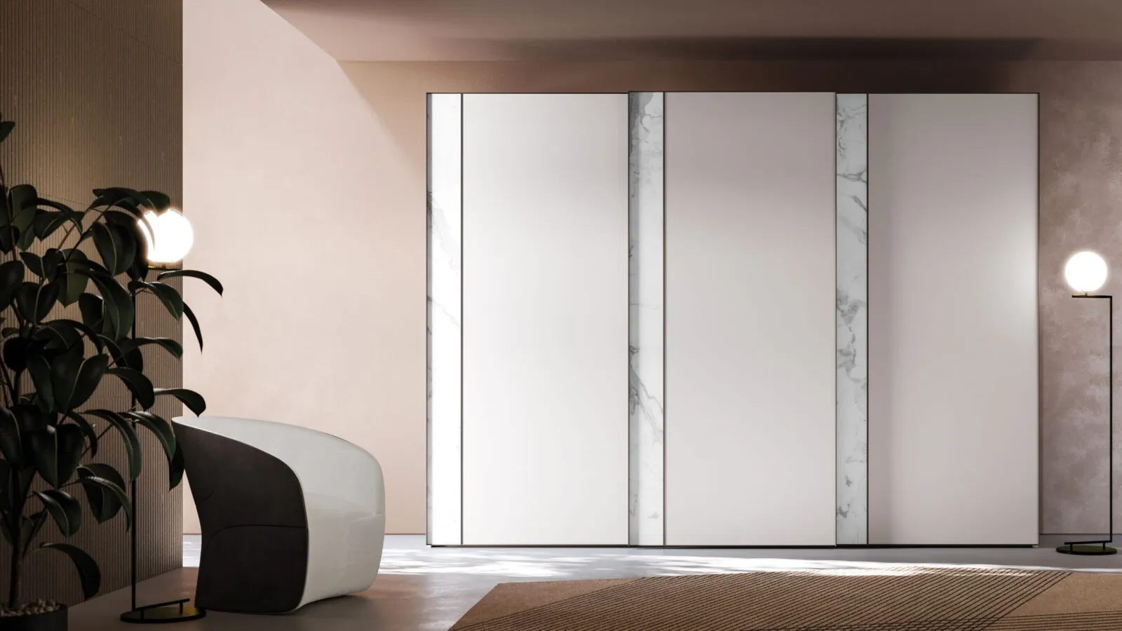 Night 32 sliding door wardrobe in Seta melamine finish with vertical band in Apuano marble melamine by Orme.