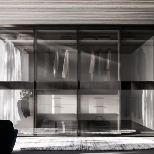 Night 33 sliding door wardrobe in bronzed glass and Charcoal Striped melamine by Orme.