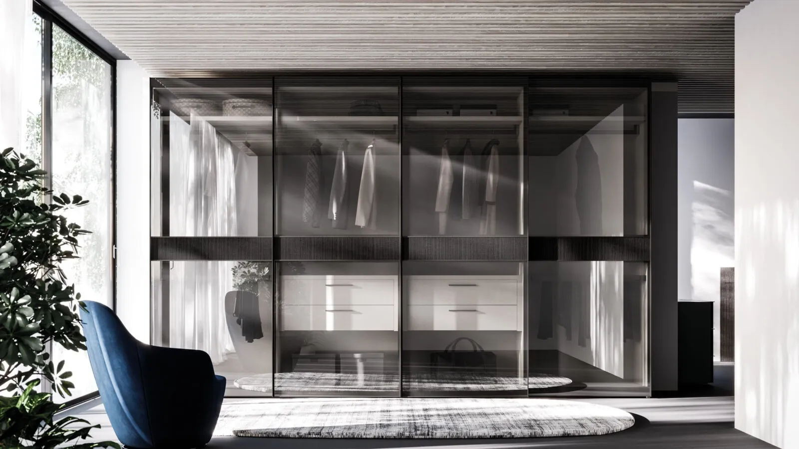 Night 33 sliding door wardrobe in bronzed glass and Charcoal Striped melamine by Orme.