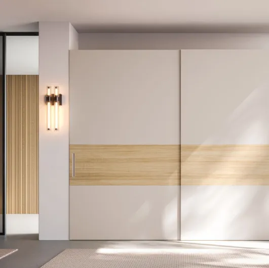 Night 35 wardrobe with sliding doors in Matte Sand lacquer and Rovere textured Oak by Orme.