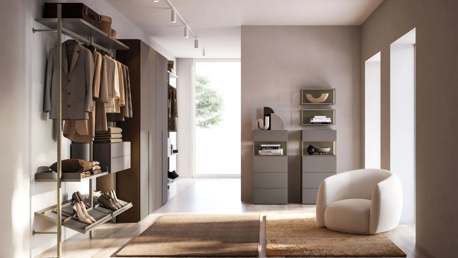 Palko walk-in closet in lacquered finish with Orme melamine wardrobe.