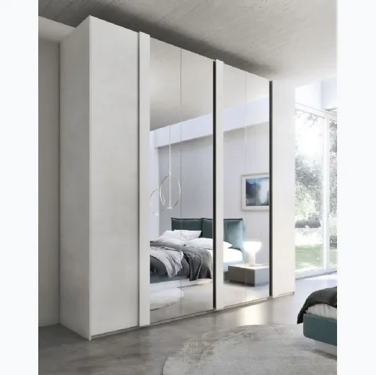 Wardrobe with swing doors Quadro Format in white cement finish and central mirrors made of S75