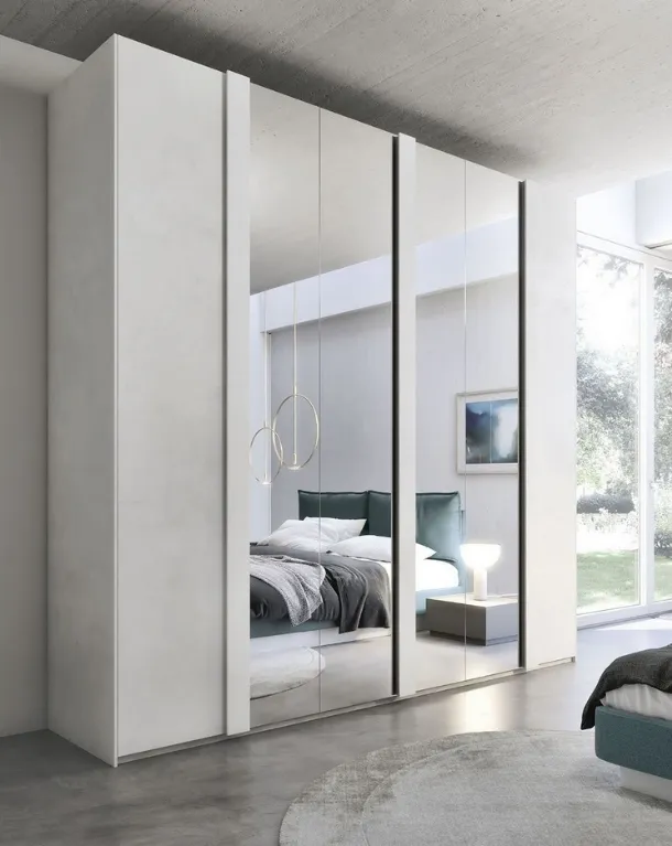 Wardrobe with swing doors Quadro Format in white cement finish and central mirrors made of S75