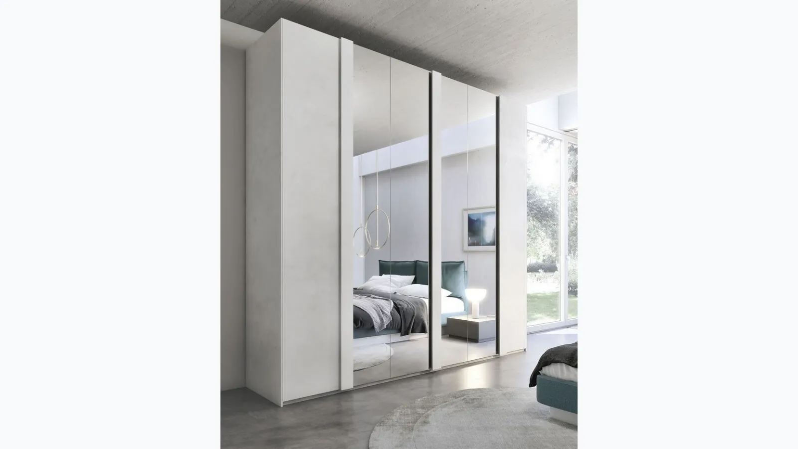 Wardrobe with swing doors Quadro Format in white cement finish and central mirrors made of S75