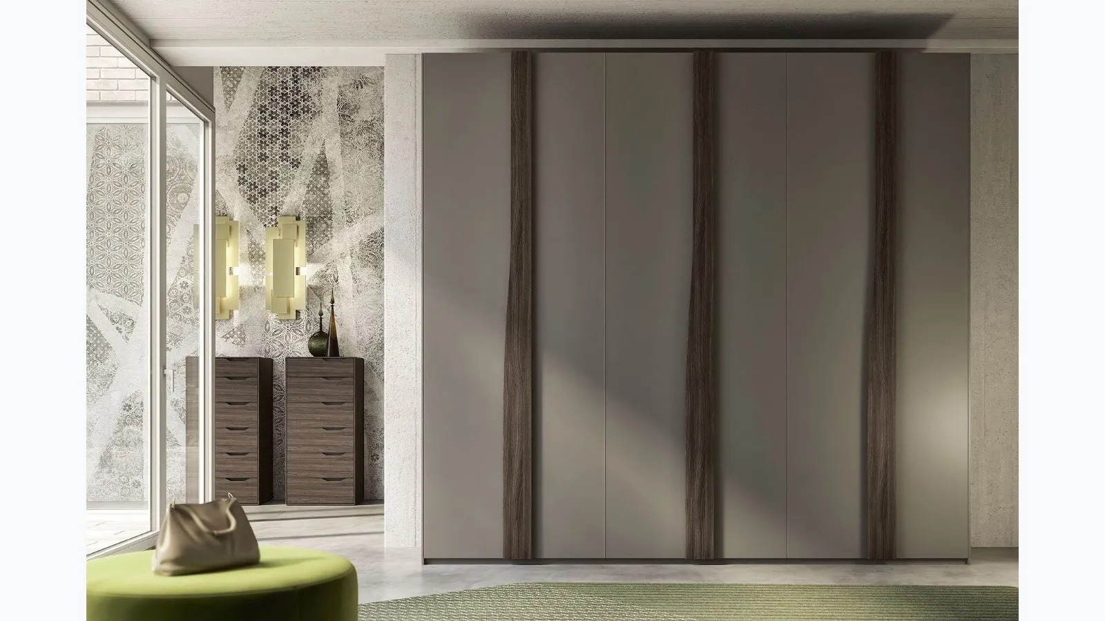 Wardrobe with swing doors in grey finish and dark elm. Infinity frame by S75.
