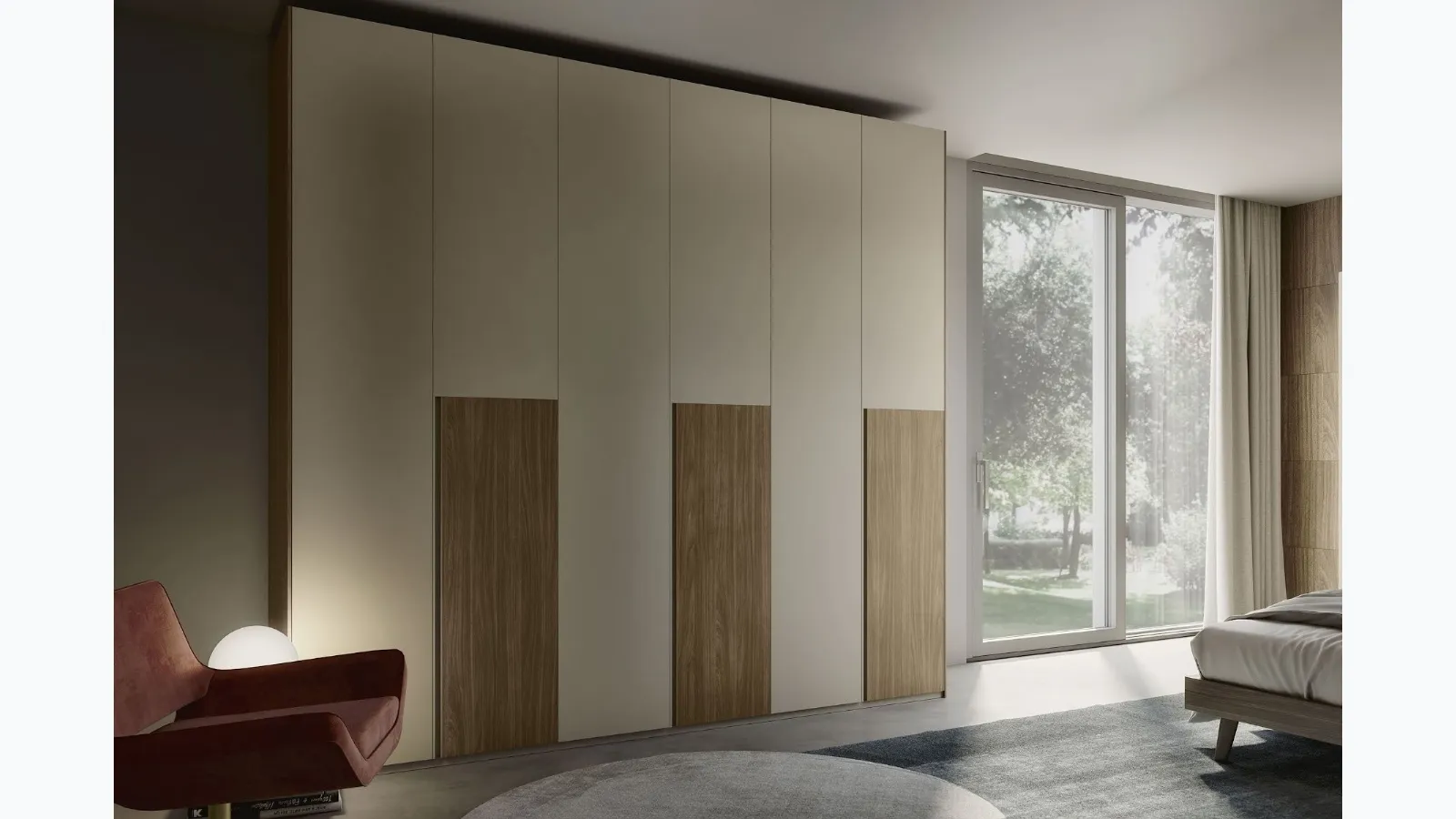 Wardrobe with swinging doors Quadro Mezzagola finish in chalk and walnut of S75
