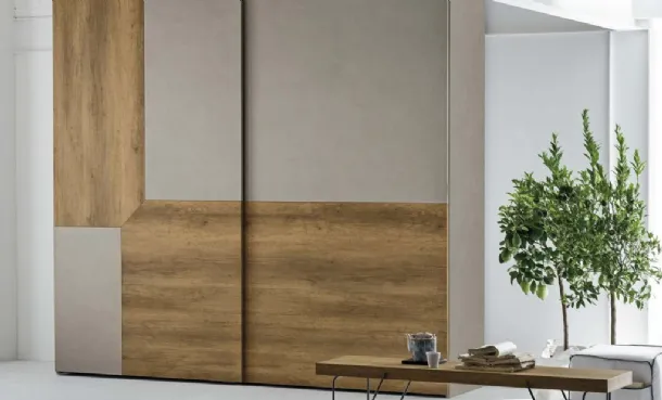 Wardrobe with sliding door Remix in cement material and light knotty material by Tomasella.