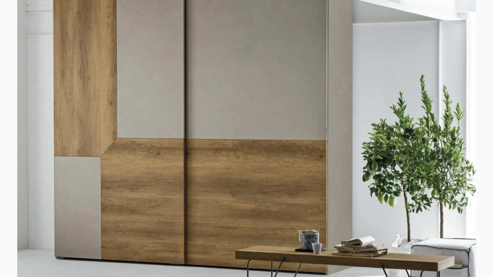 Wardrobe with sliding door Remix in cement material and light knotty material by Tomasella.
