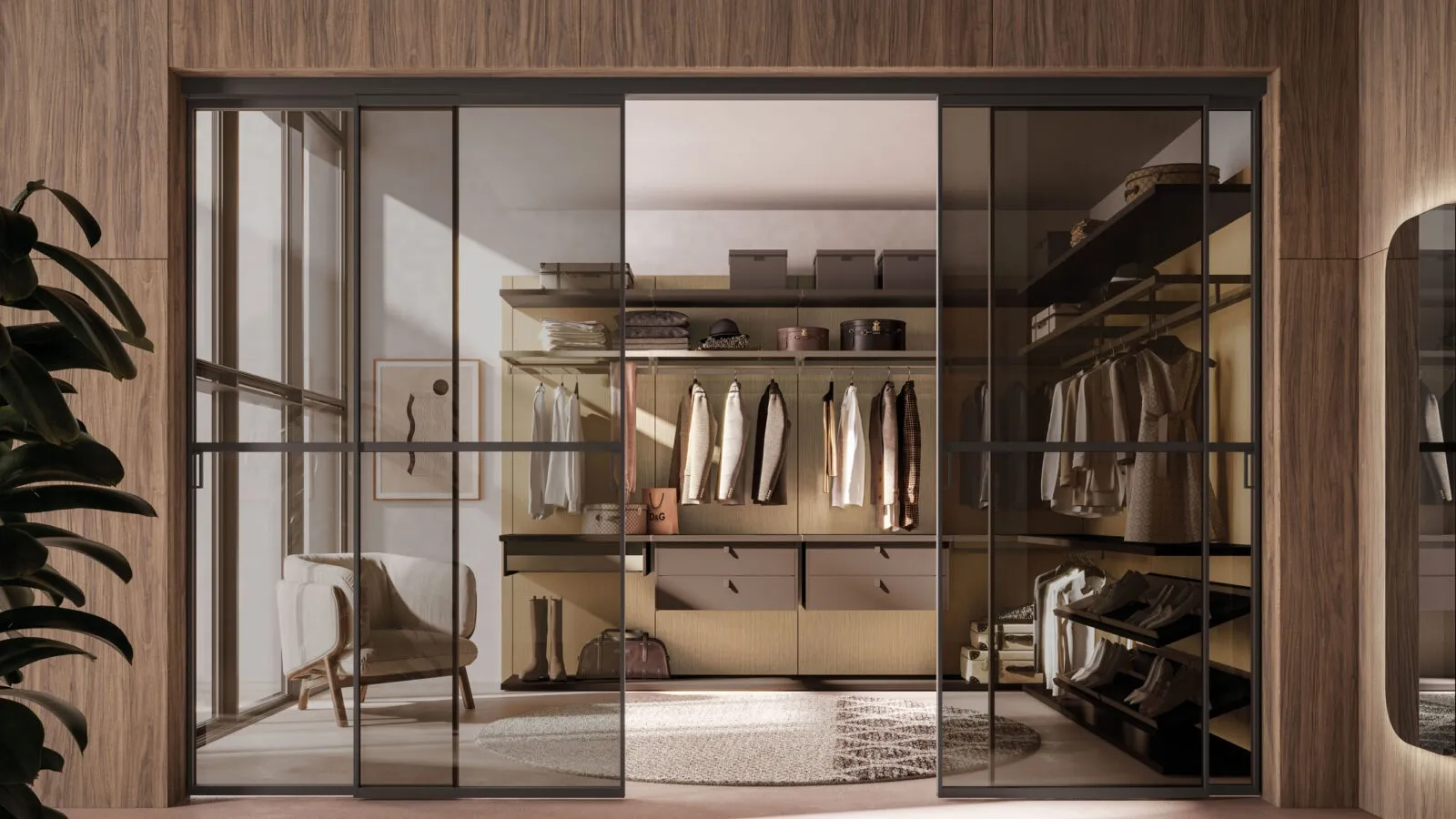 Walk-in closet Scenario 01 in terracotta and burnished metal by Orme.