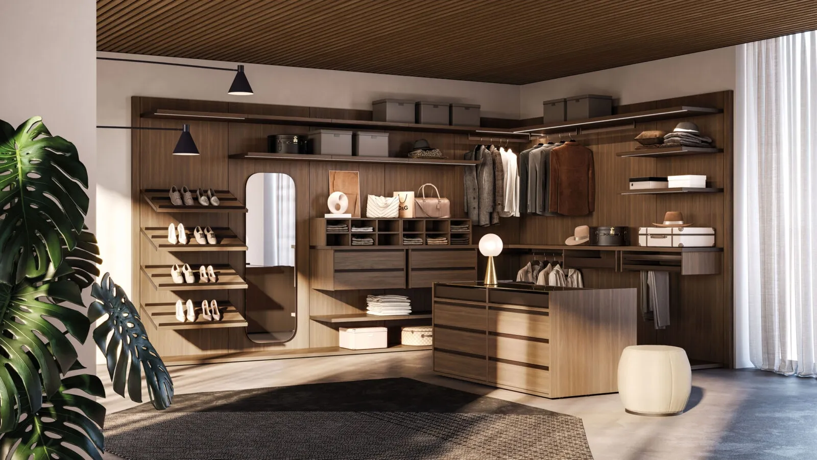 Walk-in closet Scenario 02 in Rovere Rigato dekor by Orme.
