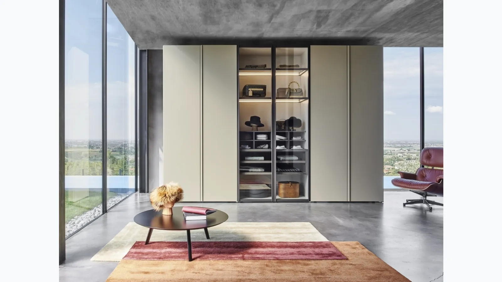 Lacquered Scrigno Wardrobe with central glass doors by Sangiacomo.