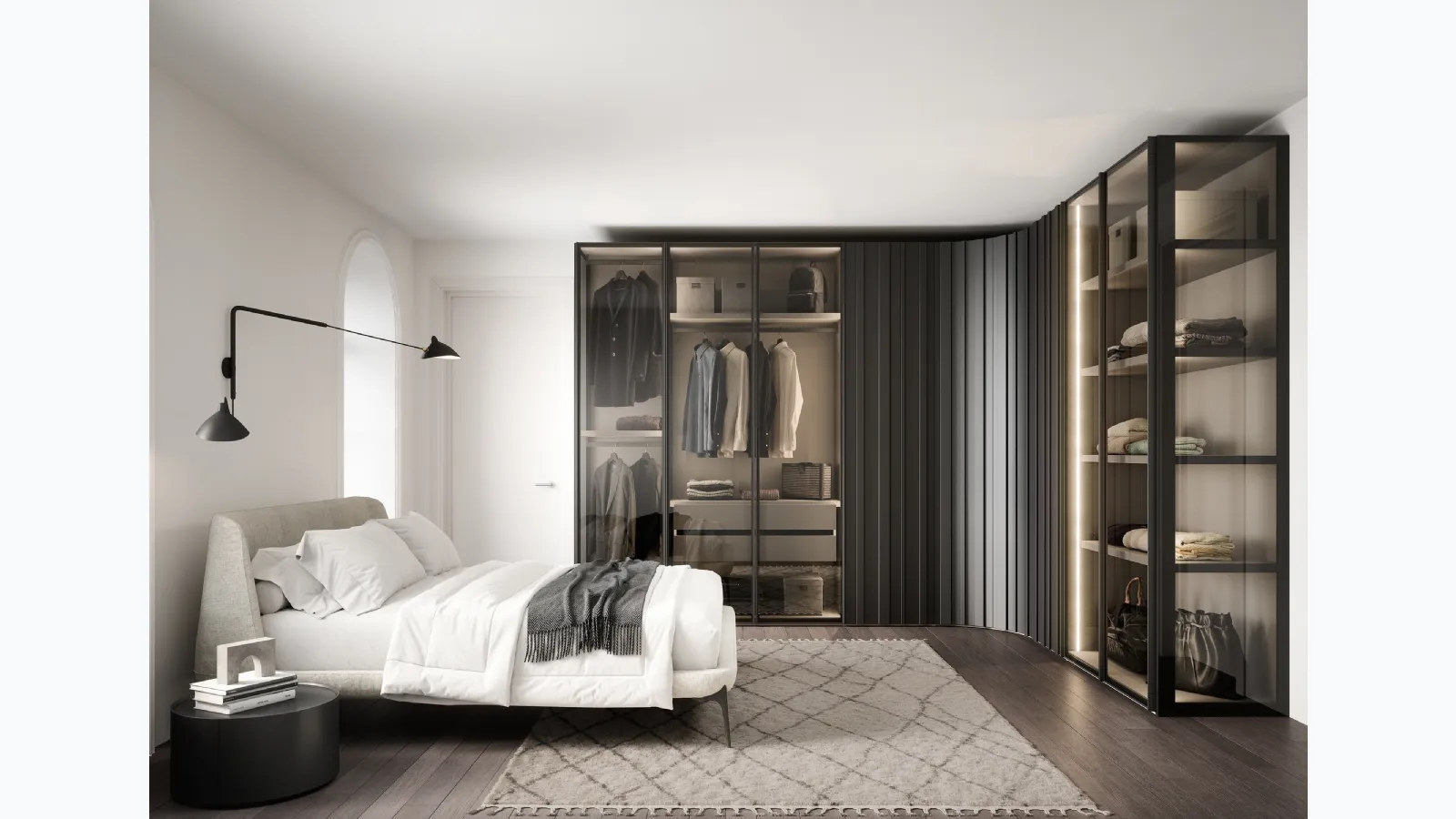 Corner wardrobe in lacquered and glass Stave by Novamobili.