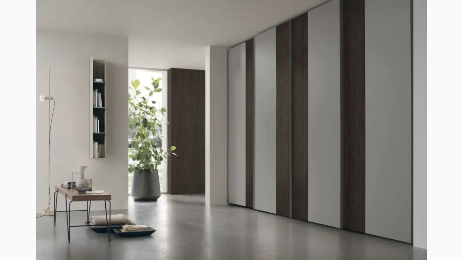 Wardrobe with Strip sliding doors in lacquered finish with oak texture bands by Tomasella.