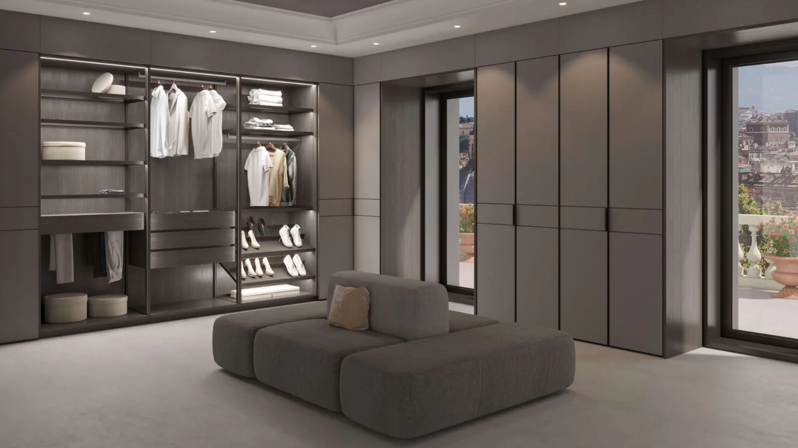 Walk-in wardrobe Tecnopolis Free in melamine and leather by Presotto