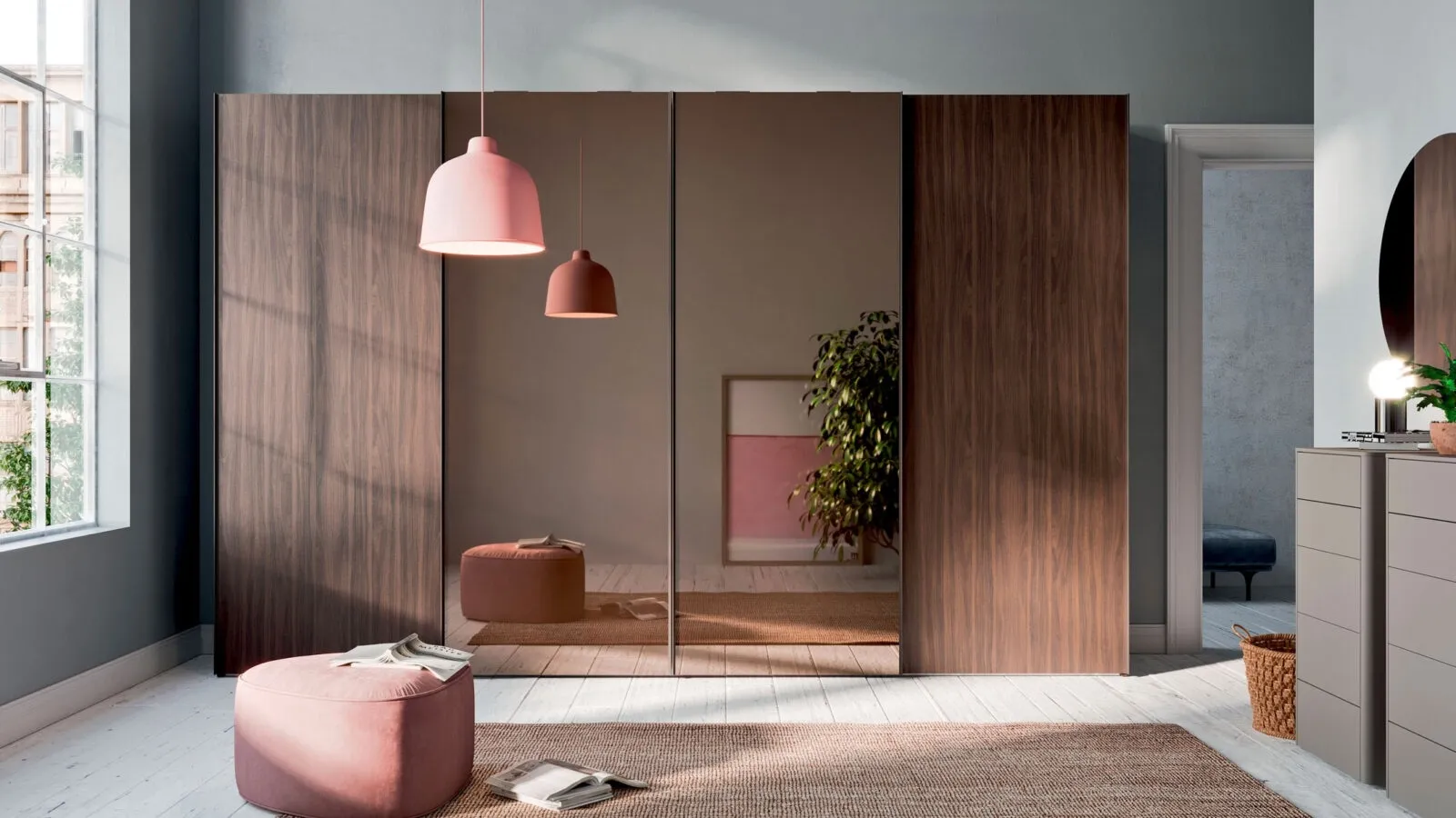 Trio Sliding Door Wardrobe with Mirror in Cotto material and Bronzed Mirror by Orme.