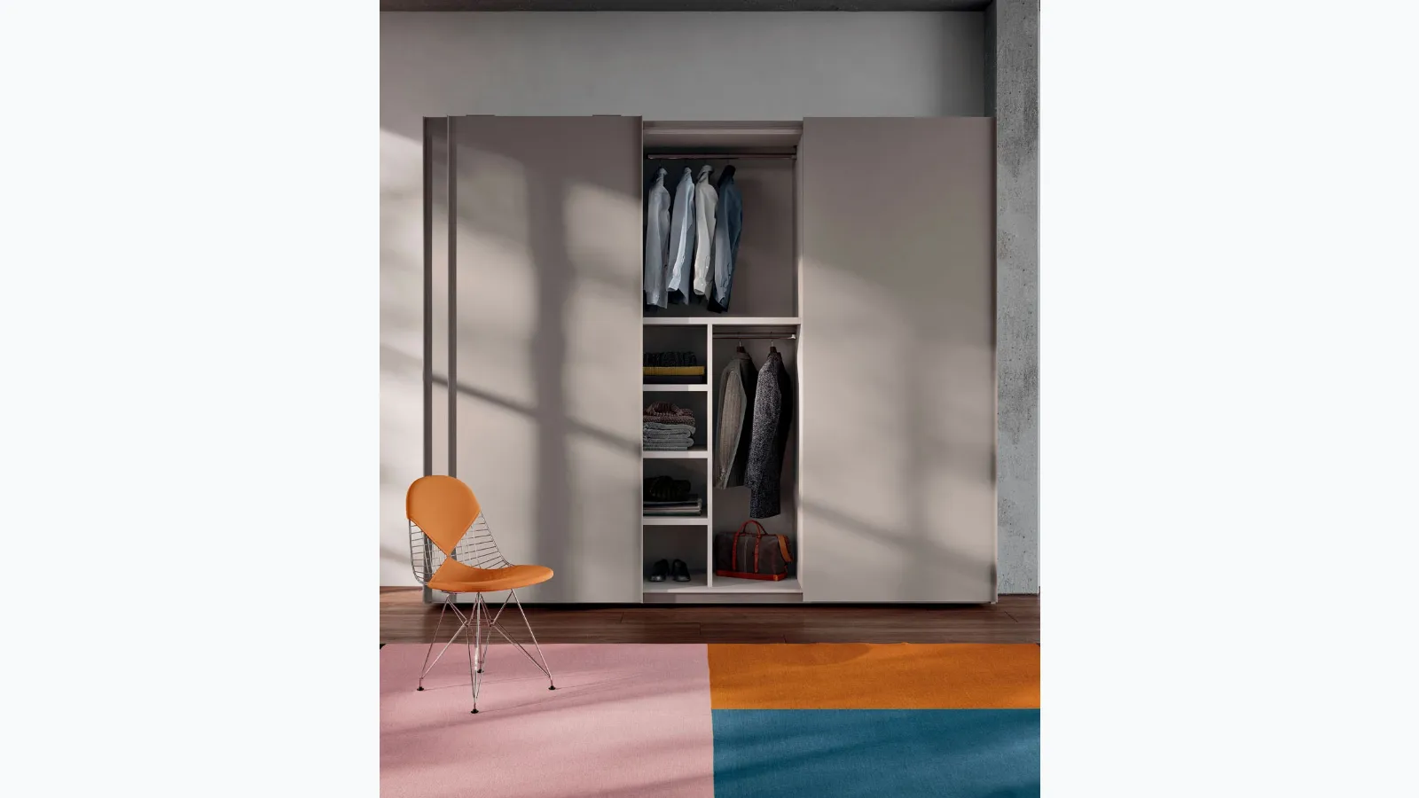 Trio sliding door wardrobe in Platinum melamine by Orme.