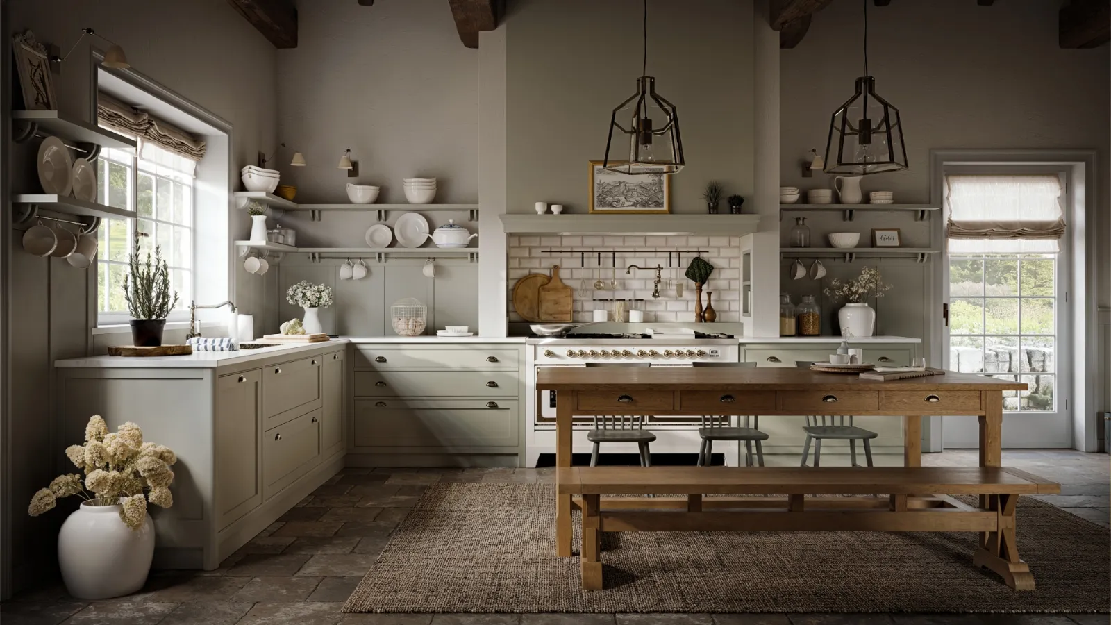 Classic Agatha corner kitchen in lacquered wood by Marchi.