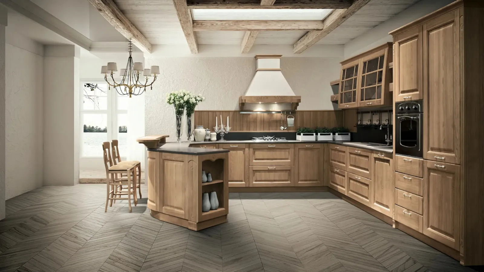 Classic kitchen with Bolgheri 08 peninsula in Natural Oak by Stosa.