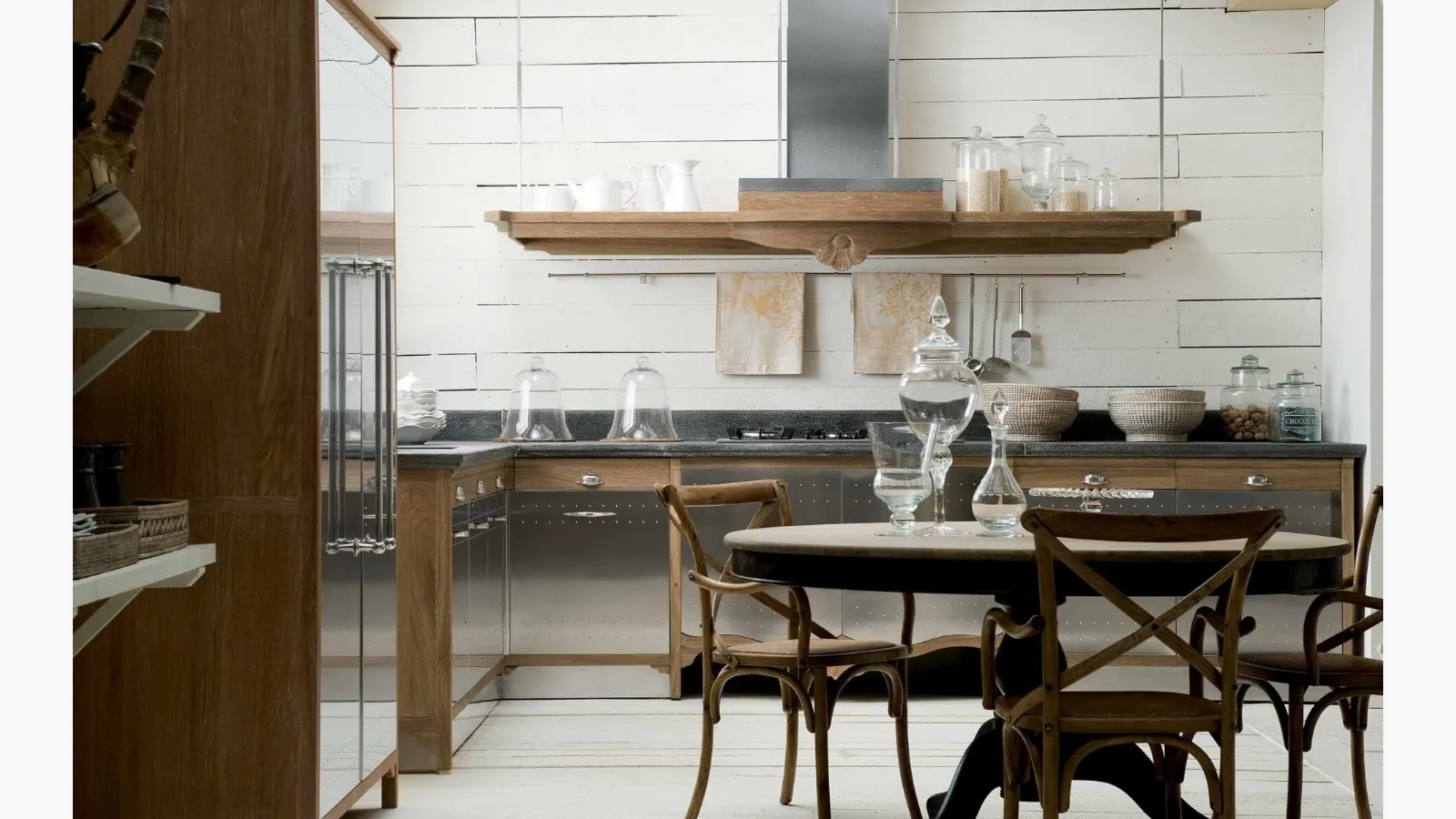 Classic corner kitchen in steel and wood Dechora by Marchi.