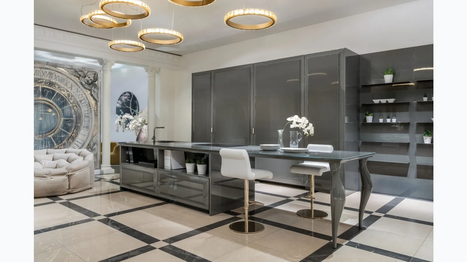 Classic kitchen with Diamond 01 island in glossy Slate lacquer by Scic.