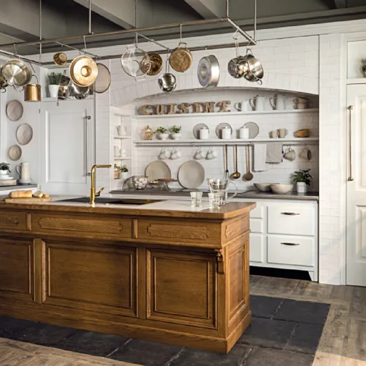 Classic kitchen with wood, ceramic, and steel island Essence by Marchi.