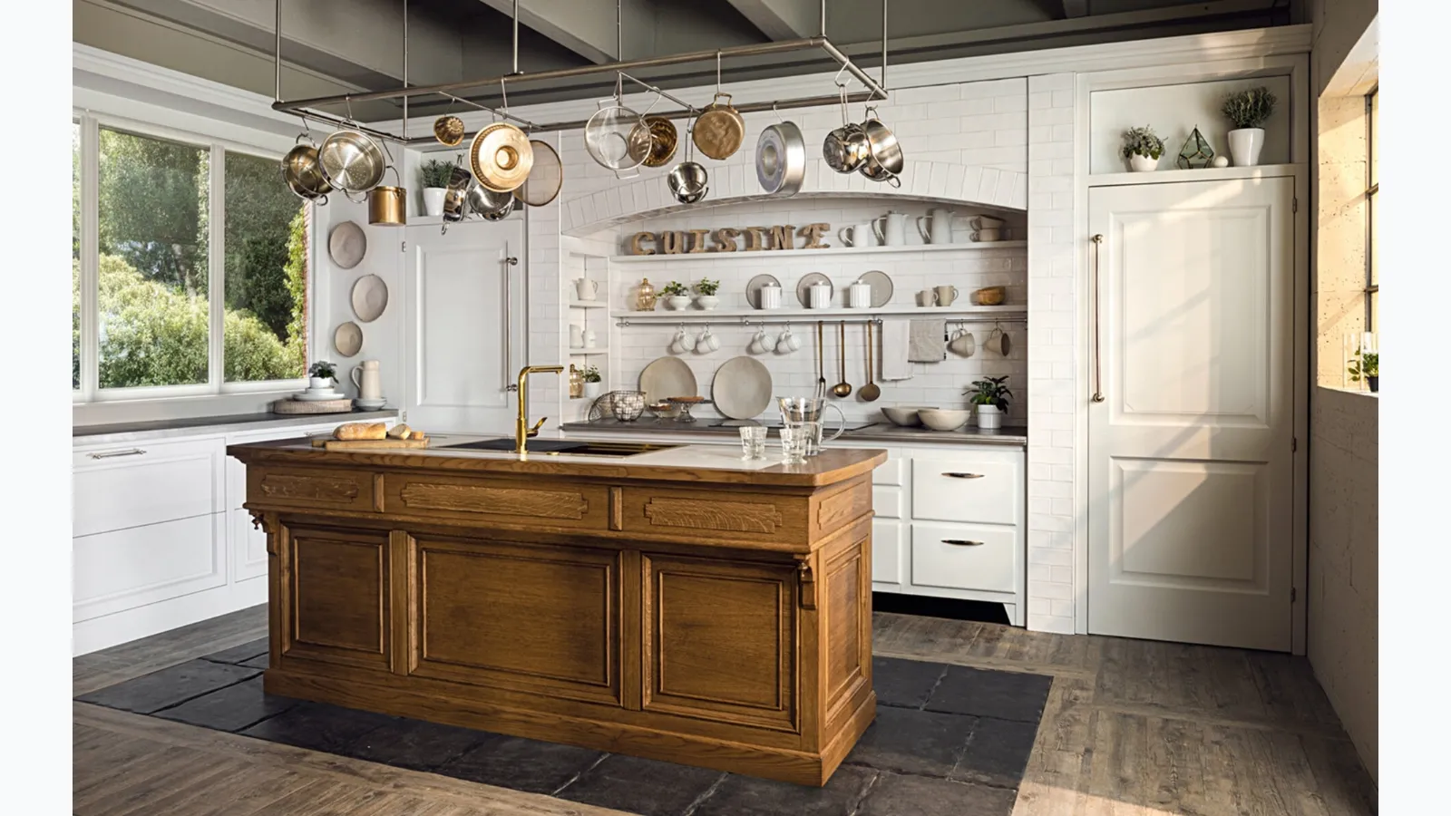 Classic kitchen with wood, ceramic, and steel island Essence by Marchi.