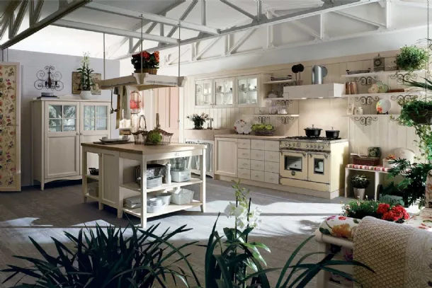 Classic kitchen with wooden island with glass cabinets and open base with marble sink Everyday Canapa Talcato by Callesella.