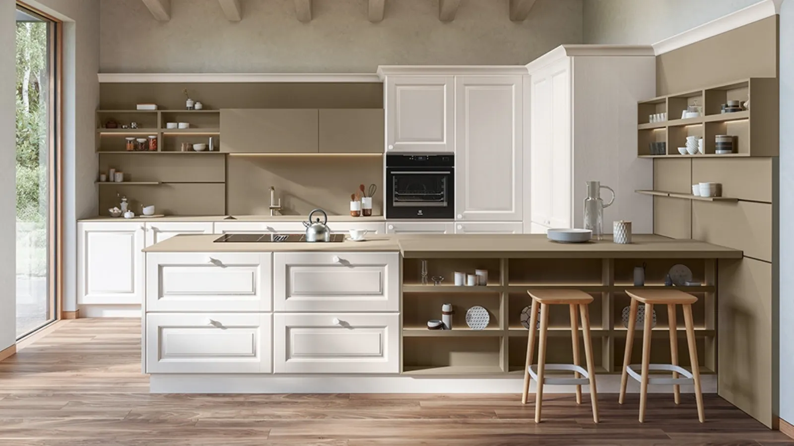 Classic kitchen with Memory 01 peninsula in White lacquered Ash by Veneta Cucine.