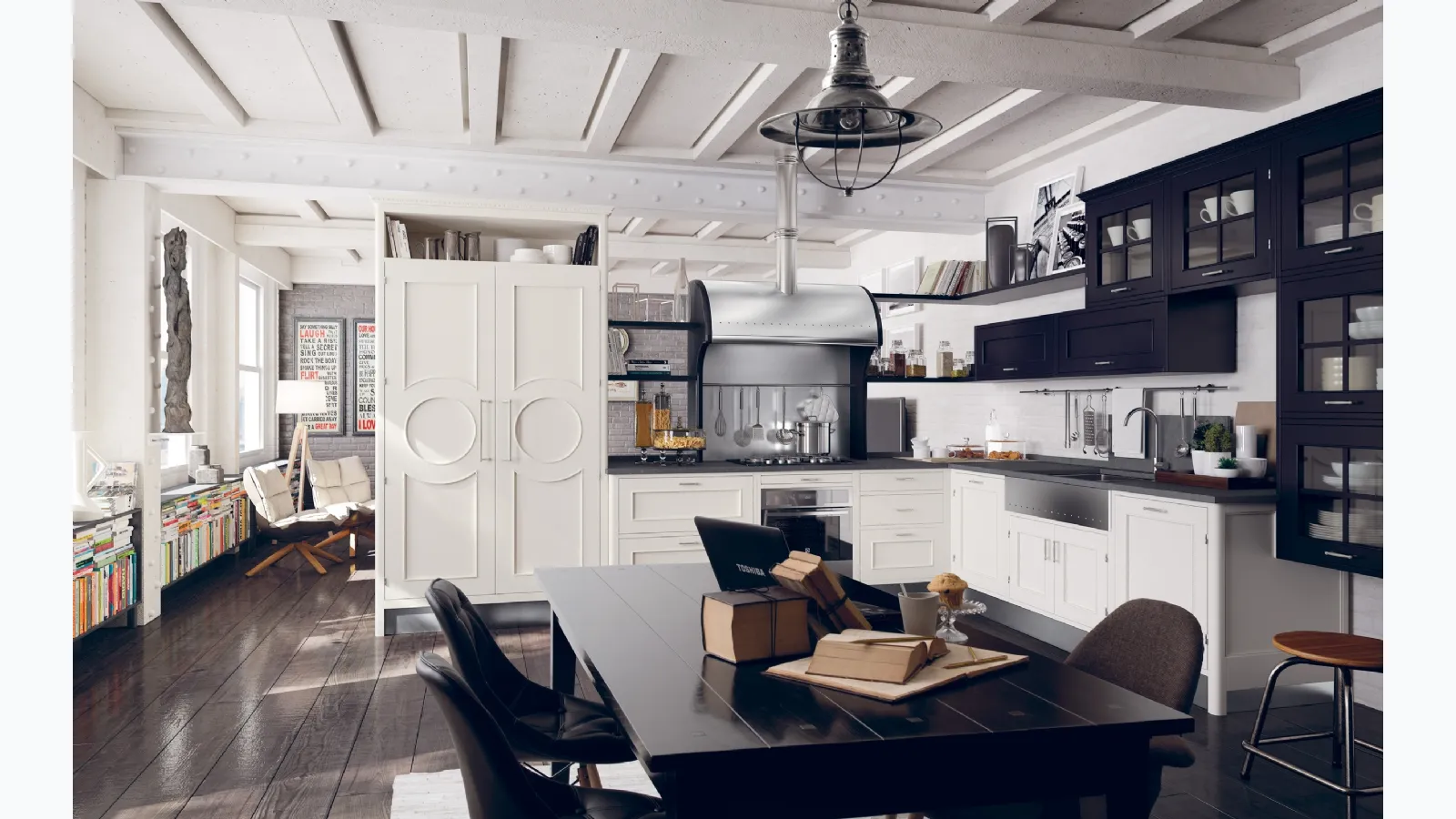 Classic Montserrat corner kitchen in lacquered wood by Marchi.