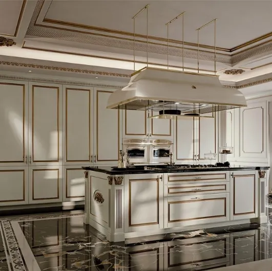 Classic kitchen with matte lacquered island and gold leaf with Palatina 01 marble top by Scic.