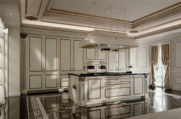 Classic kitchen with matte lacquered island and gold leaf with Palatina 01 marble top by Scic.