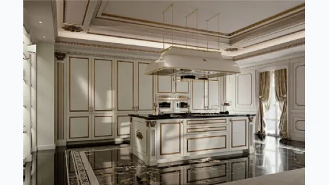 Classic kitchen with matte lacquered island and gold leaf with Palatina 01 marble top by Scic.