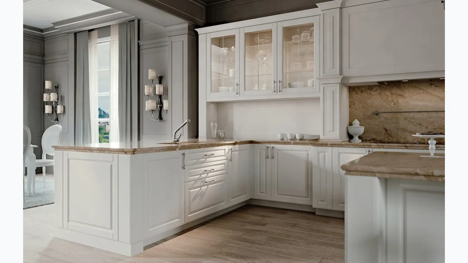 Classic kitchen with Palatine peninsula 04 in opaque lacquer by Scic