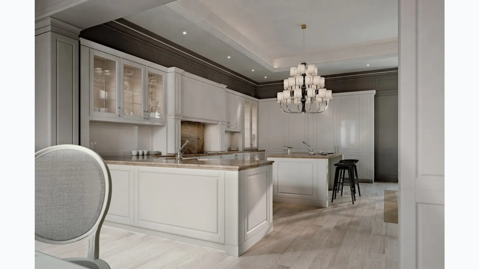 Classic kitchen with Palatine 04 peninsula with Scic marble top.
