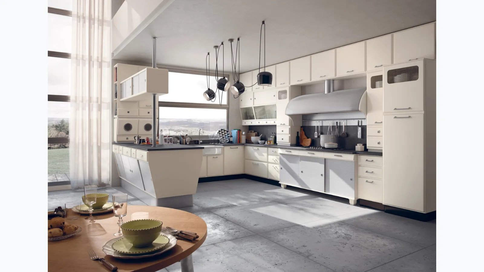 Classic kitchen with the Saint Louis peninsula in lacquered wood by Marchi.