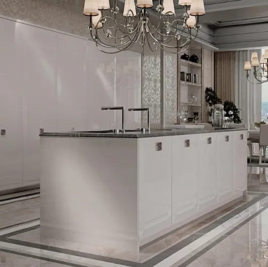 Classical kitchen with Sirmione 03 island in glossy lacquer by Scic.
