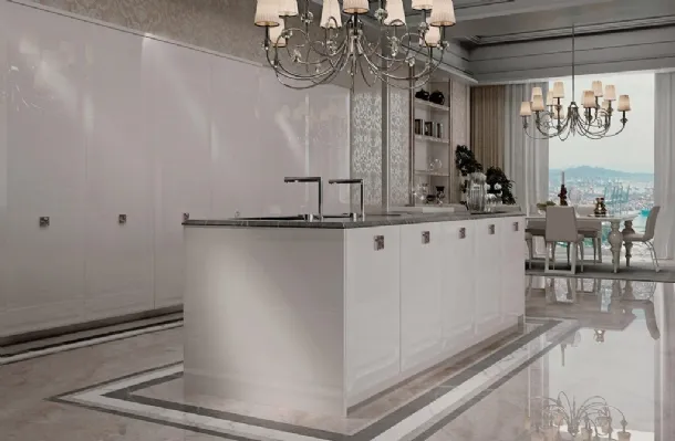 Classical kitchen with Sirmione 03 island in glossy lacquer by Scic.