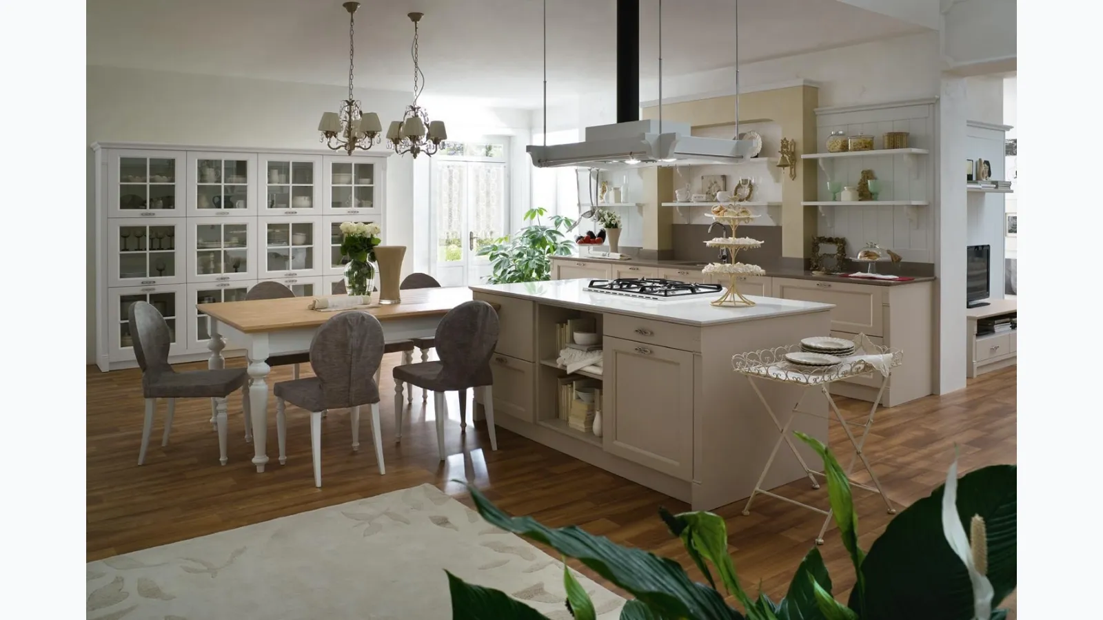 Classic kitchen with an island in Tortora and Neve lacquered wood, Sweet Kitchen Italian Mood by Callesella.