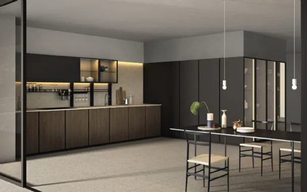 Angular kitchen design Altea 07 in wood and lacquer by Maistri.