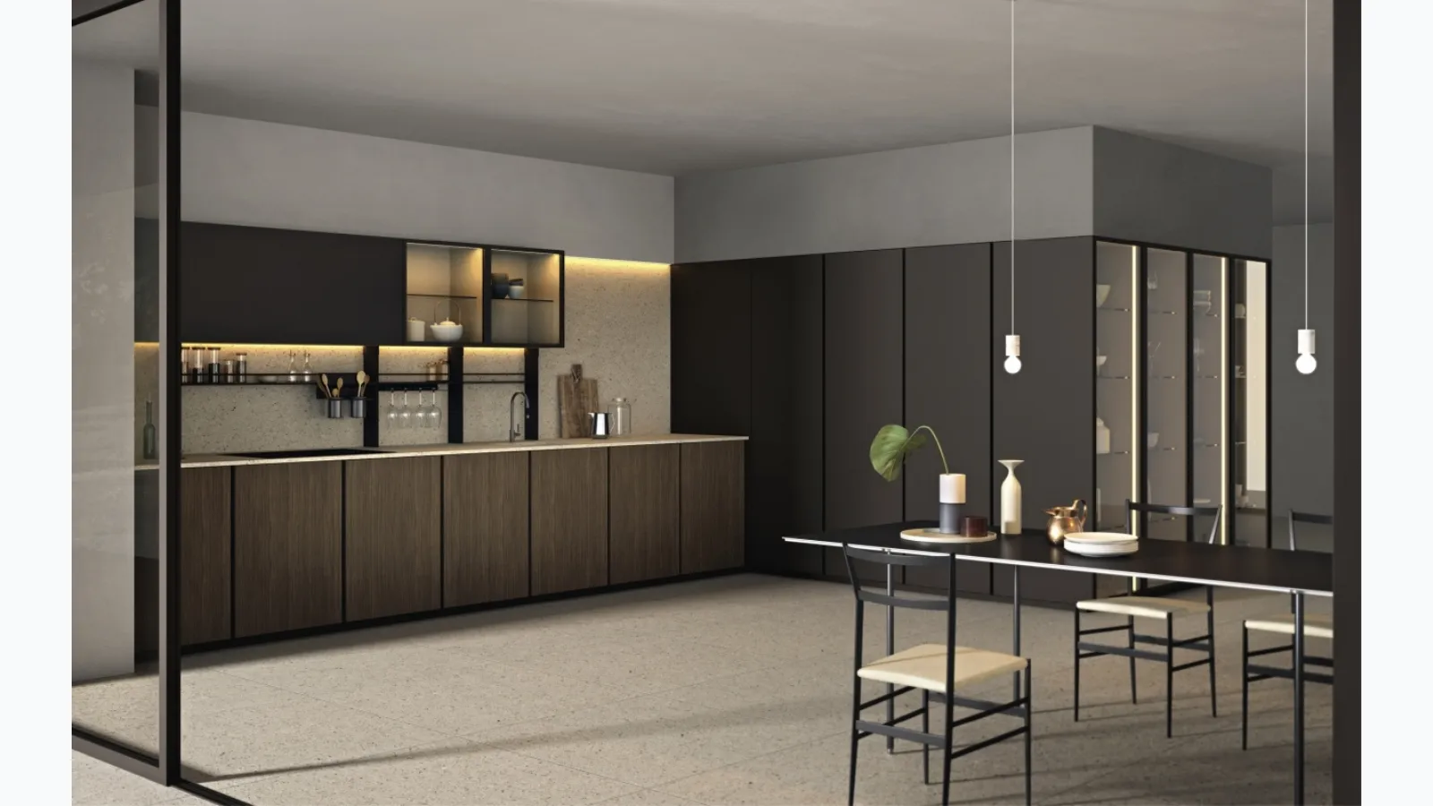 Angular kitchen design Altea 07 in wood and lacquer by Maistri.