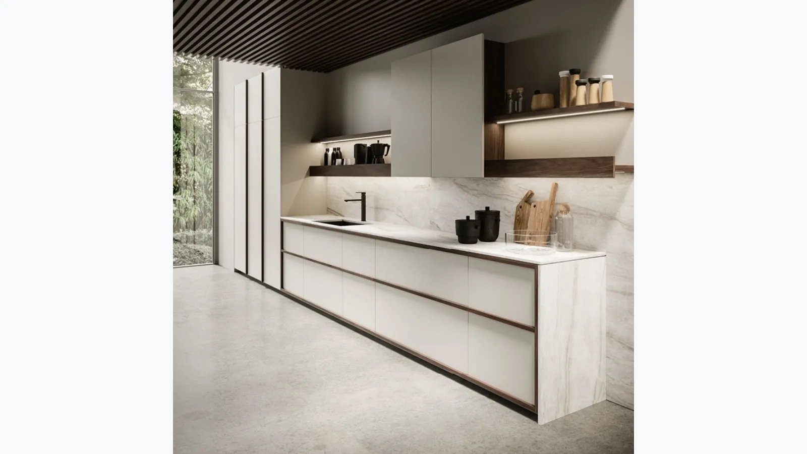 Linear design kitchen in Maistri's Arena lacquer.
