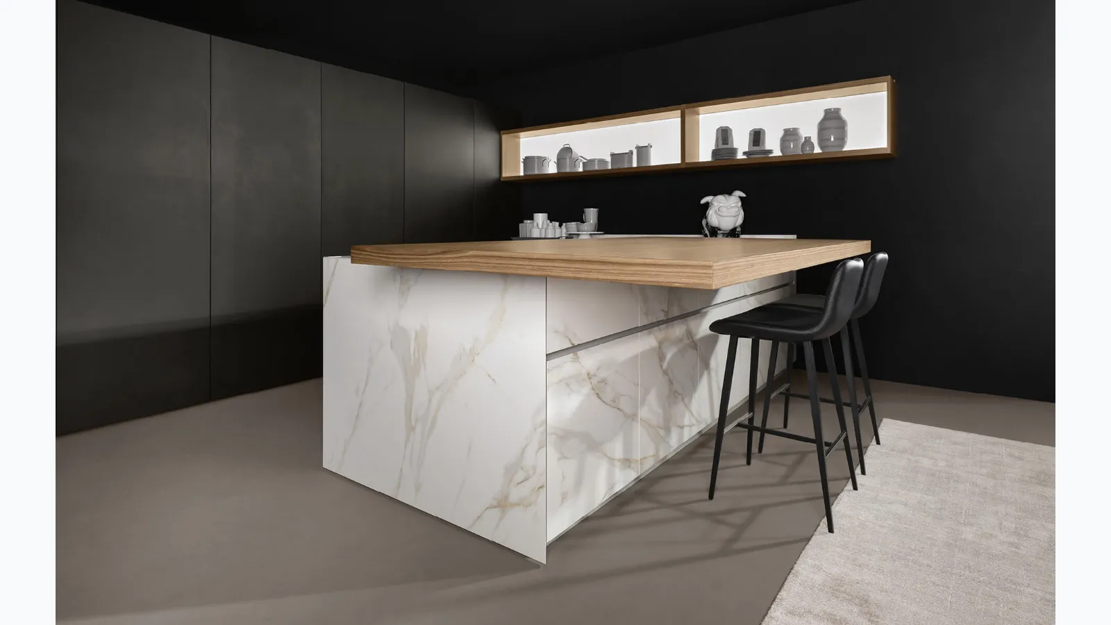 Design Kitchen with Giza Peninsula + Arena Line + Arka in lacquered and ceramic finish by Maistri