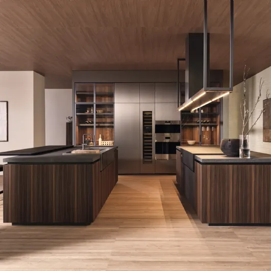 Design kitchen with double Hi-Line 6 Frame Door island in Eucalyptus essence by Molteni & C