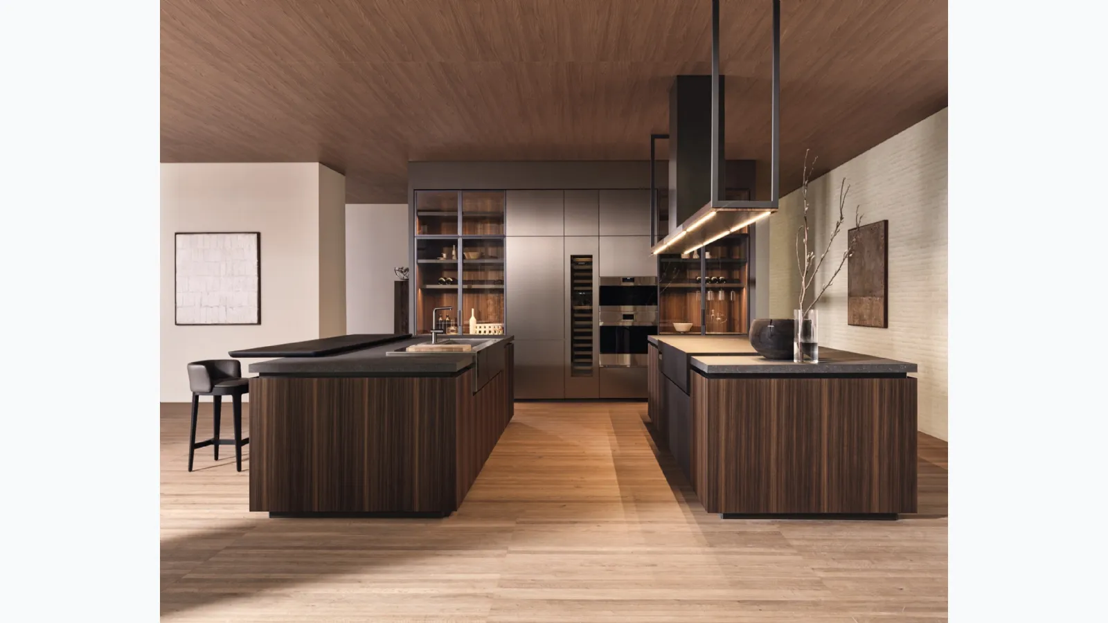 Design kitchen with double Hi-Line 6 Frame Door island in Eucalyptus essence by Molteni & C