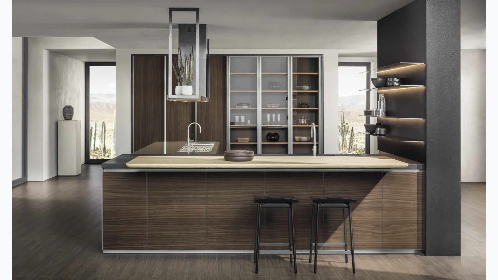 Hi-Line 6 Frame Door kitchen design with peninsula, with a Walnut base, a stainless steel and Black Lava top, and a knotty blond Oak snack counter from Molteni & C.
