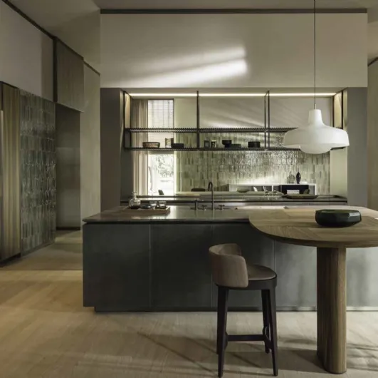 Design kitchen with Intersection island in Nebula steel and Molteni & C wood.