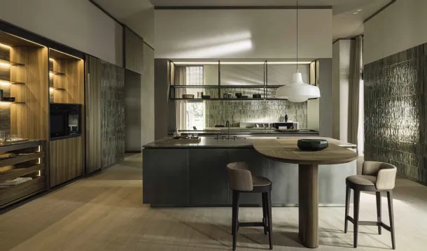 Design kitchen with Intersection island in Nebula steel and Molteni & C wood.