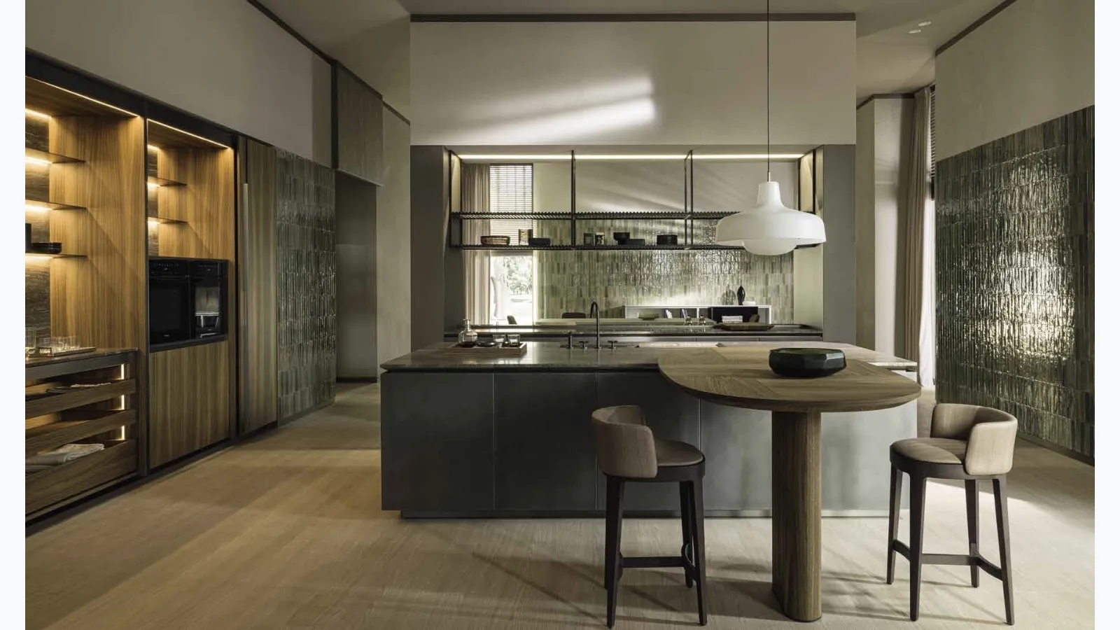Design kitchen with Intersection island in Nebula steel and Molteni & C wood.